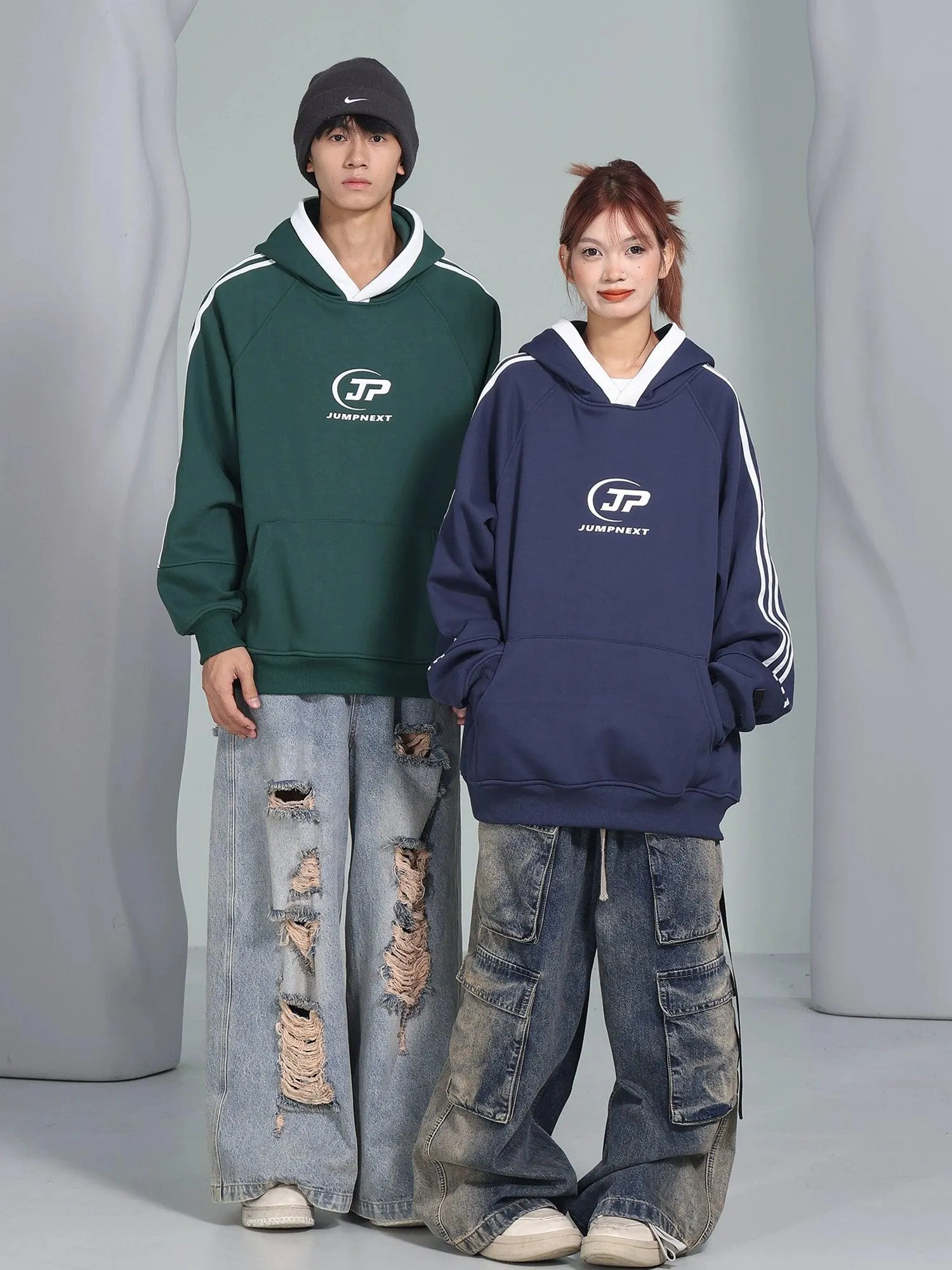 Loose Fit Hoodie With Striped Sleeves
