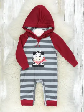 Maroon & Grey Striped Cow Hoodie Romper