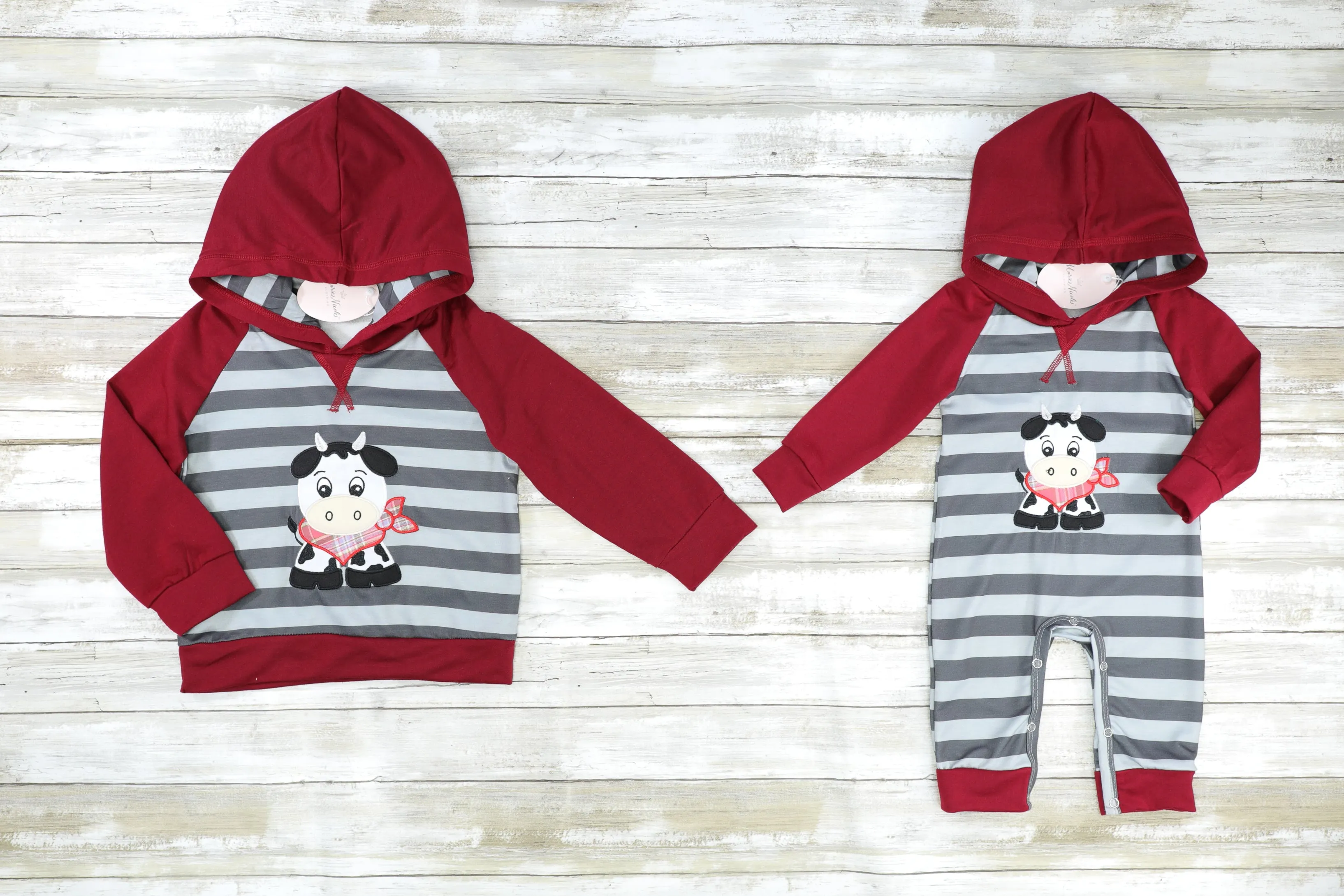 Maroon & Grey Striped Cow Hoodie Romper