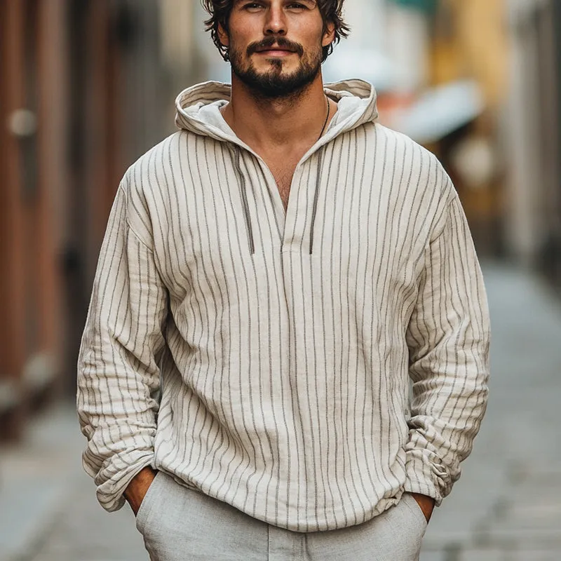 Men's Casual Loose Vertical Striped Cotton and Linen Hoodie 78046142U