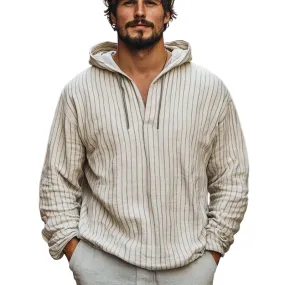 Men's Casual Loose Vertical Striped Cotton and Linen Hoodie 78046142U