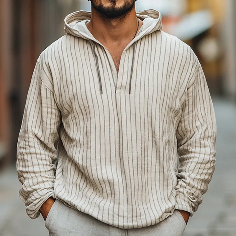 Men's Casual Loose Vertical Striped Cotton and Linen Hoodie 78046142U