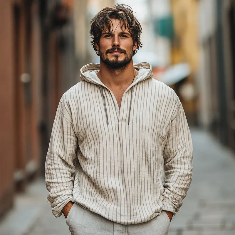 Men's Casual Loose Vertical Striped Cotton and Linen Hoodie 78046142U