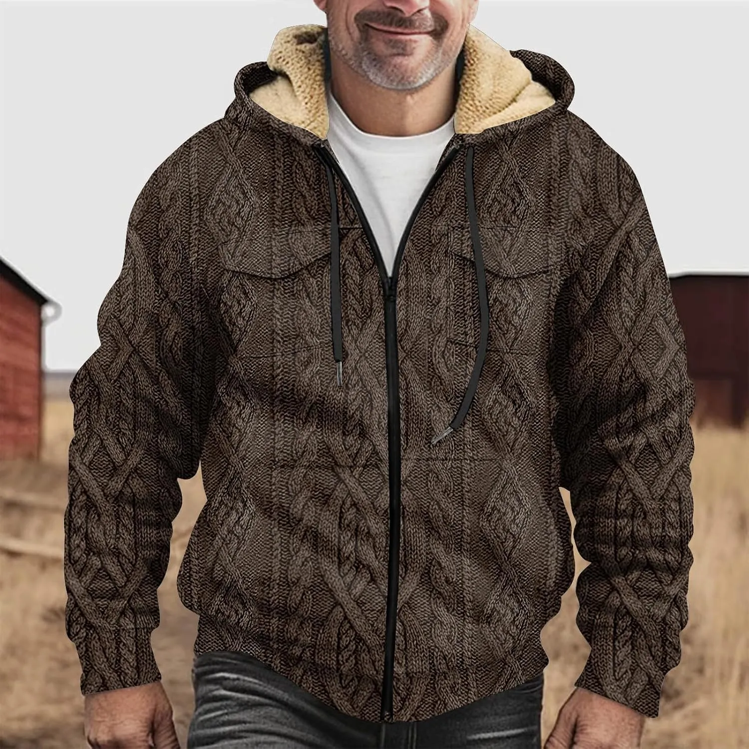 Mens Coats Winter Hoodies Pockets Long Sleeve Casual Graphic Zip Up Vintage Padded Jacket