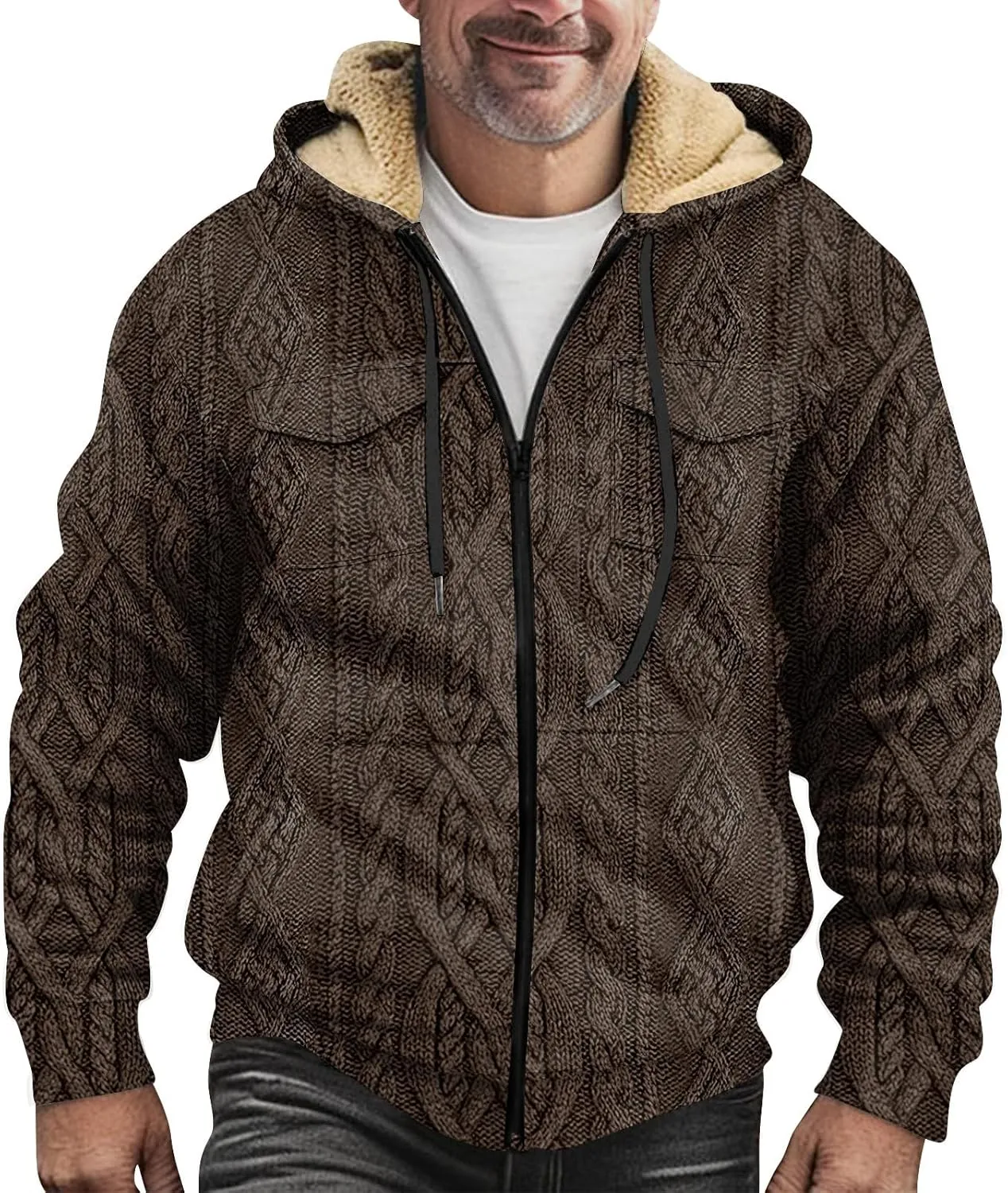 Mens Coats Winter Hoodies Pockets Long Sleeve Casual Graphic Zip Up Vintage Padded Jacket