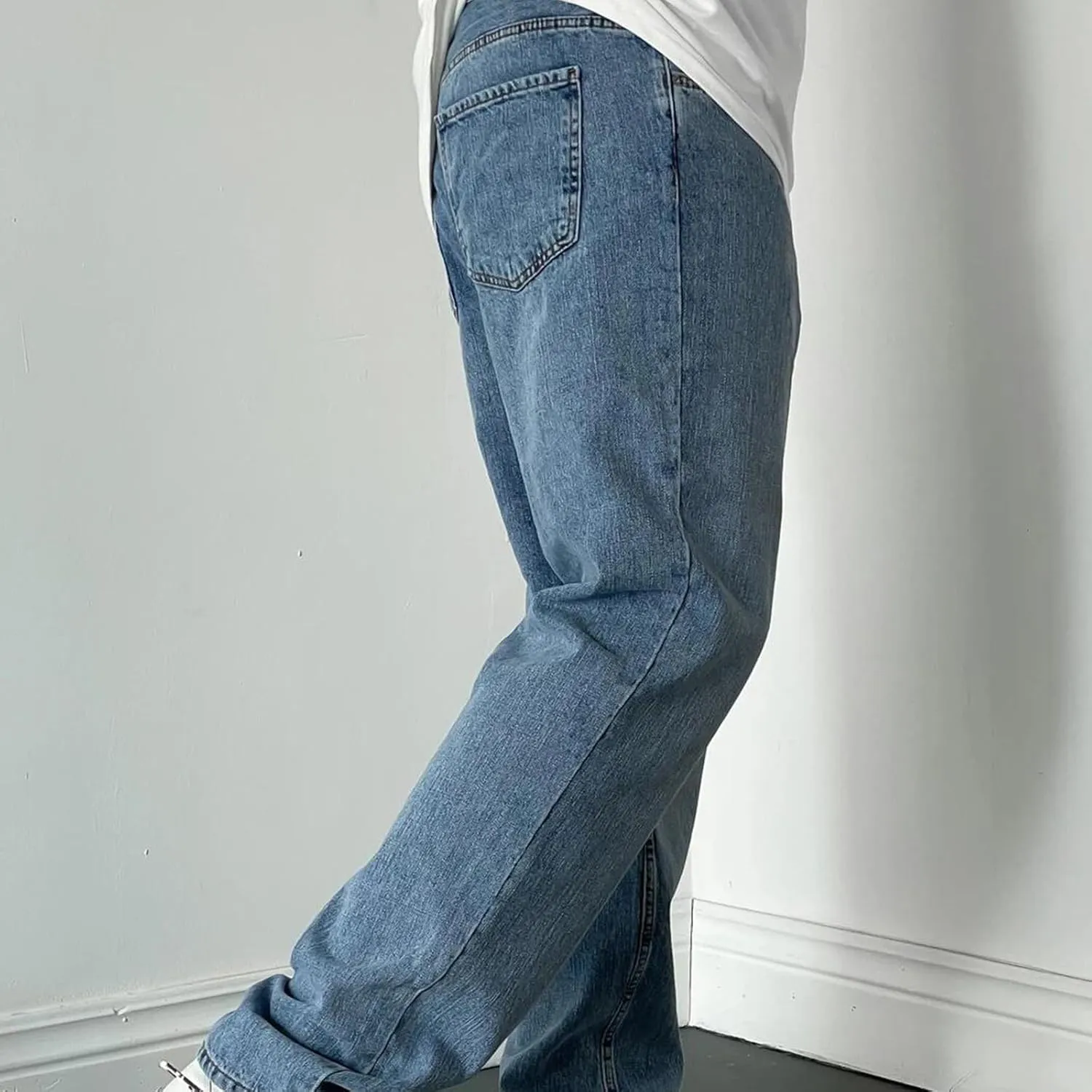 Mens Jeans Relaxed Fit Straight Leg Denim Pants Baggy Casual Solid Color Trousers Washed Distressed Jeans with Pockets