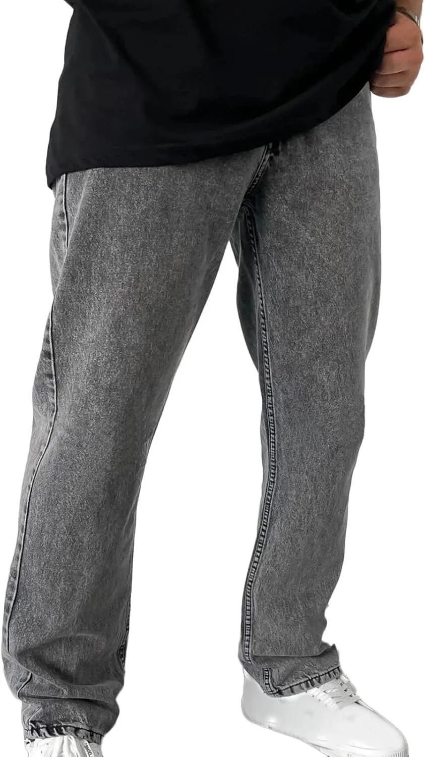 Mens Jeans Relaxed Fit Straight Leg Denim Pants Baggy Casual Solid Color Trousers Washed Distressed Jeans with Pockets