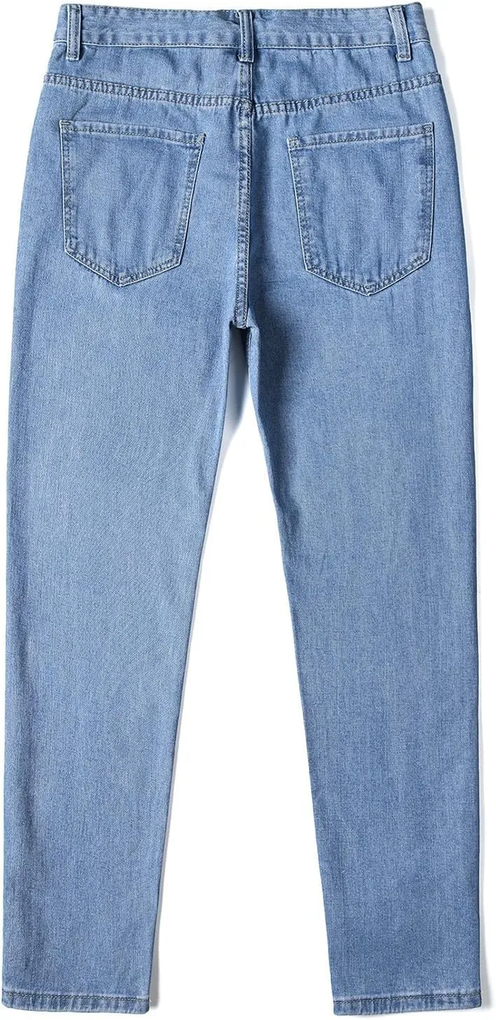 Mens Jeans Relaxed Fit Straight Leg Denim Pants Baggy Casual Solid Color Trousers Washed Distressed Jeans with Pockets