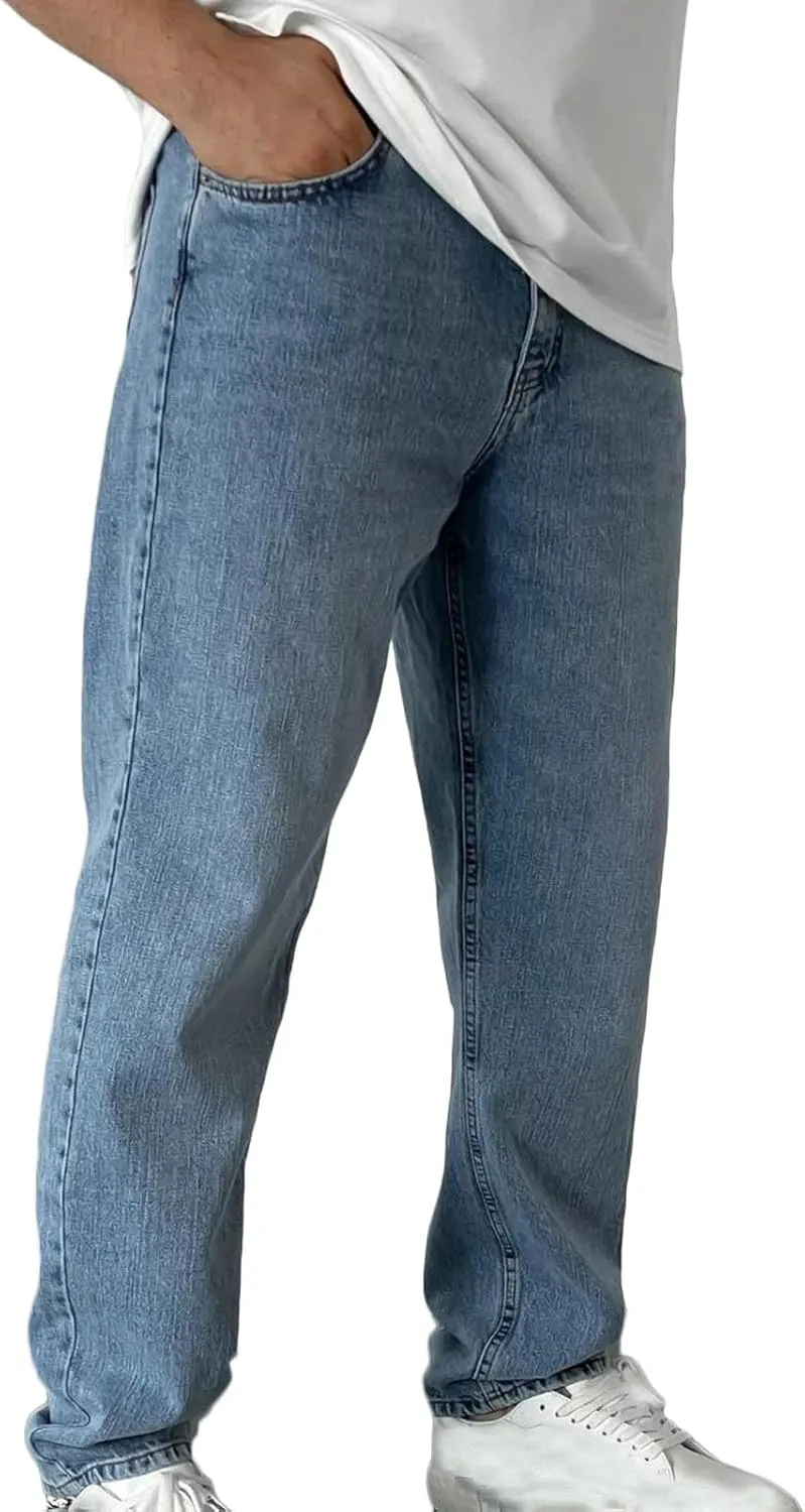 Mens Jeans Relaxed Fit Straight Leg Denim Pants Baggy Casual Solid Color Trousers Washed Distressed Jeans with Pockets