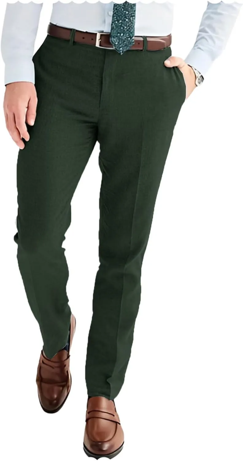 Men's Linen Blend Dress Pants Slim Fit Flat Front Wedding Beach Trousers Lightweight & Comfortable