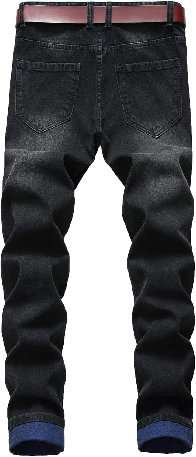 Mens Ripped Skinny Stretch Jeans Vintage Washed Straight Leg Denim Pants Slim Fit Destroyed Jean Trousers