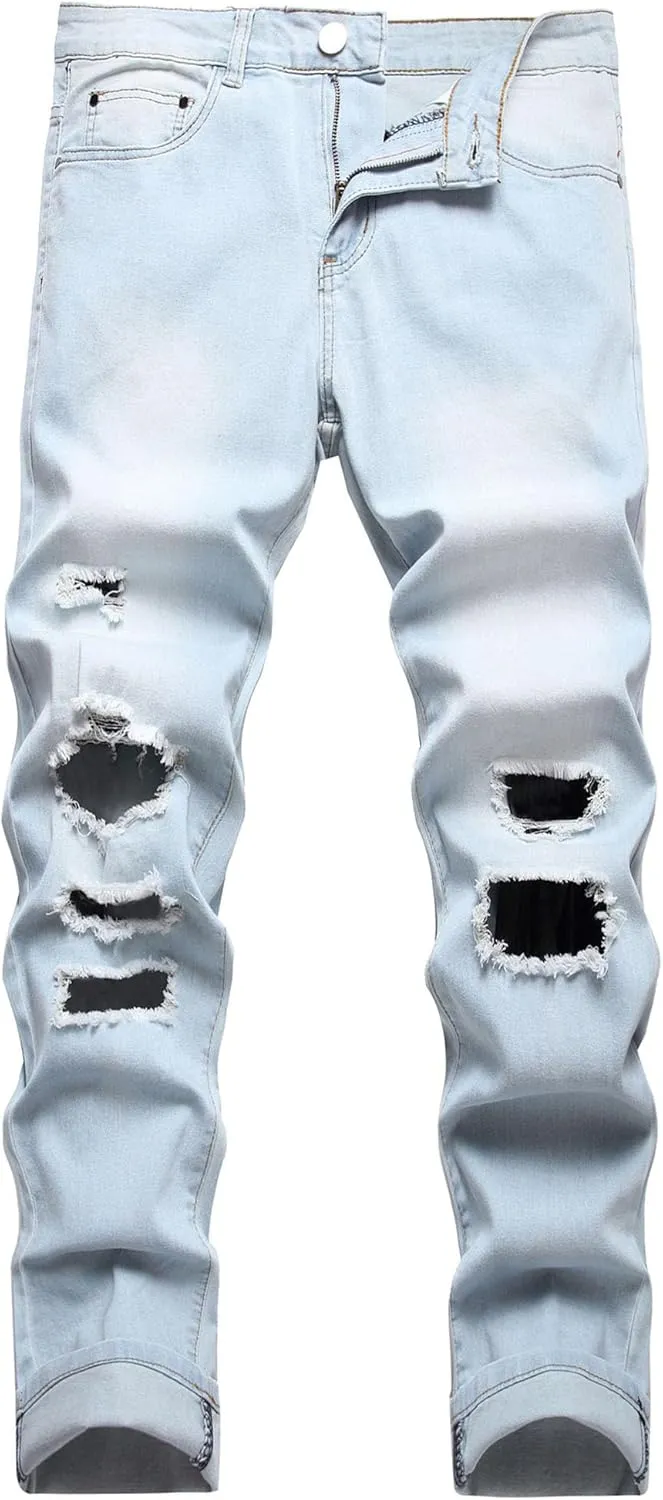 Mens Ripped Skinny Stretch Jeans Vintage Washed Straight Leg Denim Pants Slim Fit Destroyed Jean Trousers