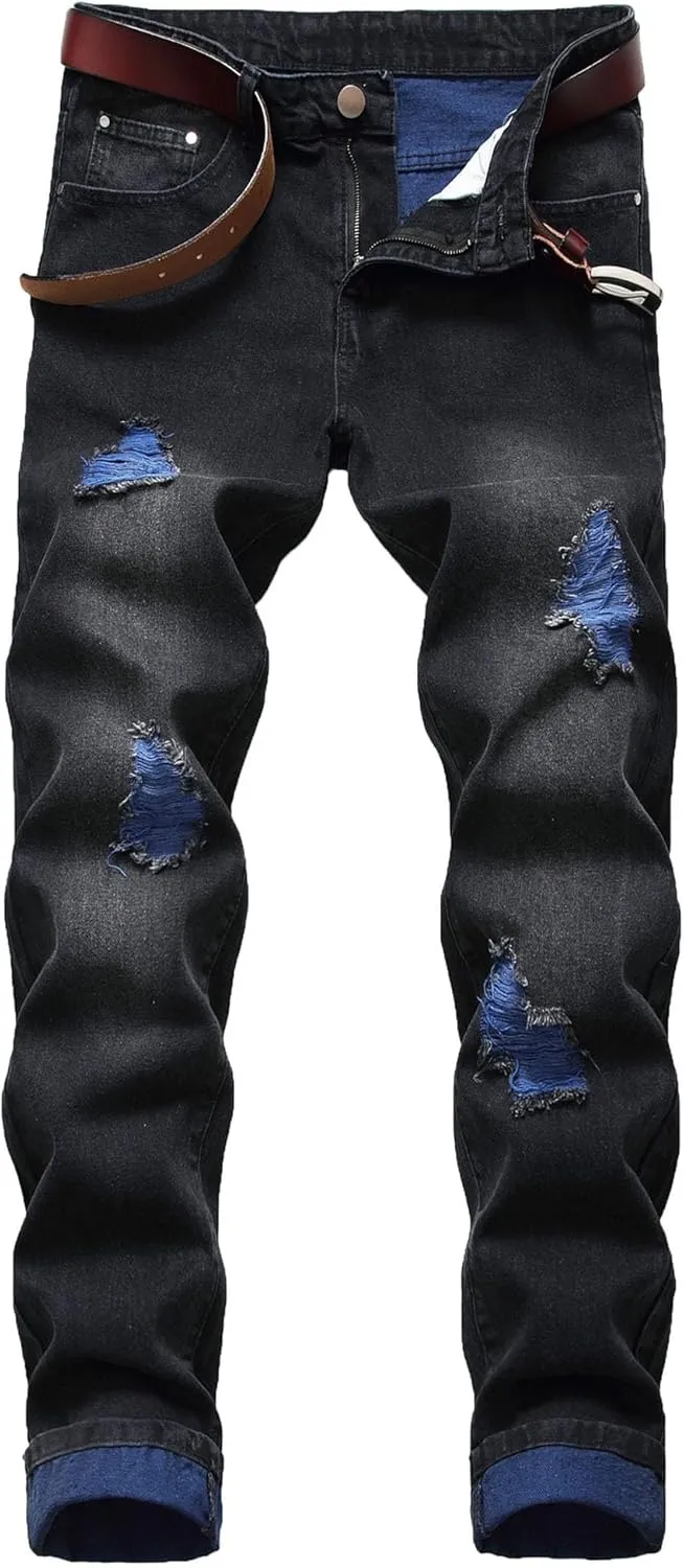 Mens Ripped Skinny Stretch Jeans Vintage Washed Straight Leg Denim Pants Slim Fit Destroyed Jean Trousers
