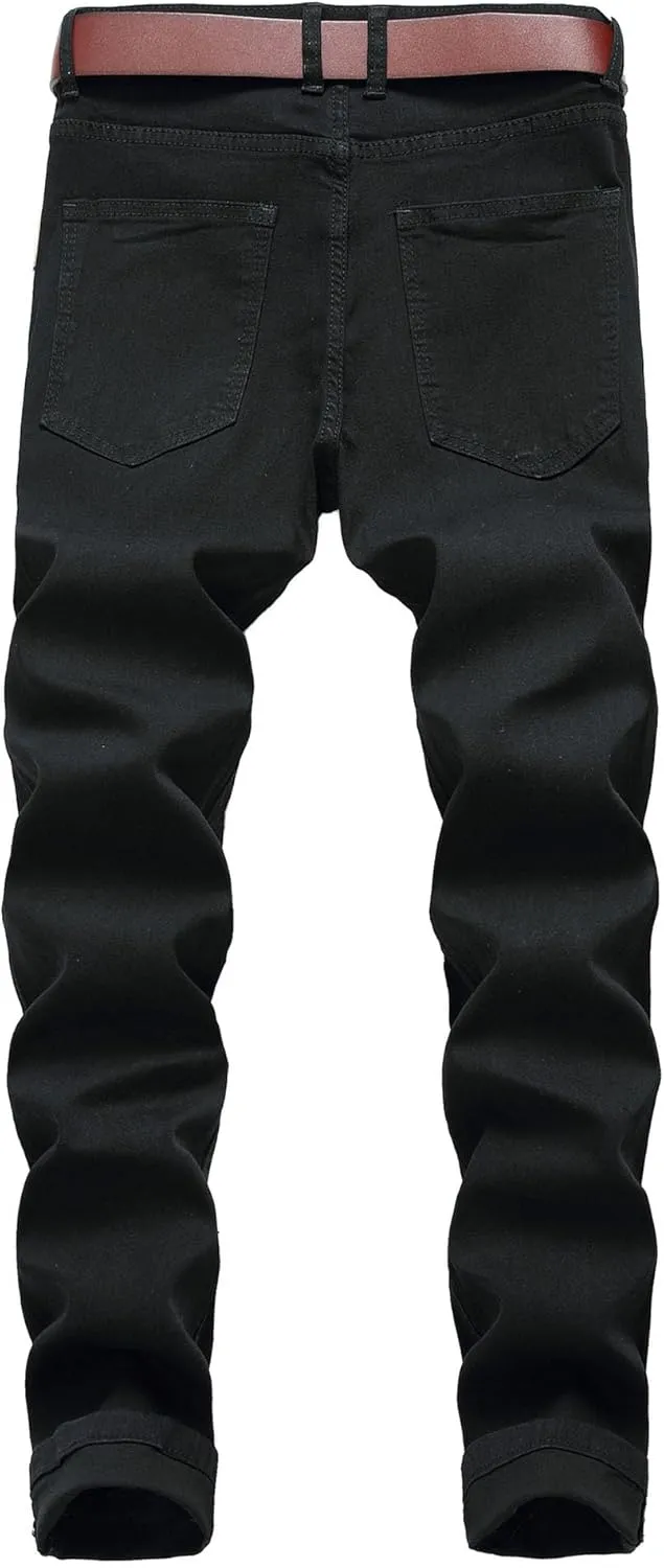 Mens Ripped Skinny Stretch Jeans Vintage Washed Straight Leg Denim Pants Slim Fit Destroyed Jean Trousers
