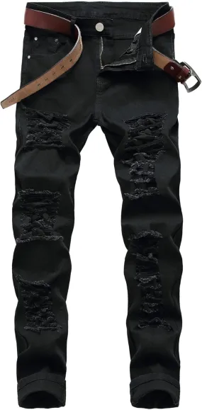 Mens Ripped Skinny Stretch Jeans Vintage Washed Straight Leg Denim Pants Slim Fit Destroyed Jean Trousers