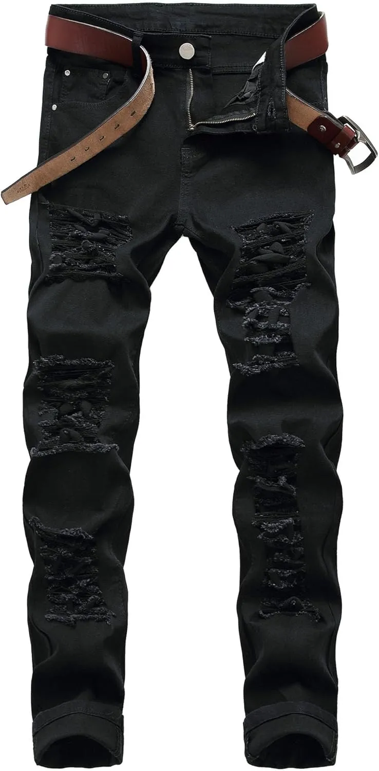 Mens Ripped Skinny Stretch Jeans Vintage Washed Straight Leg Denim Pants Slim Fit Destroyed Jean Trousers