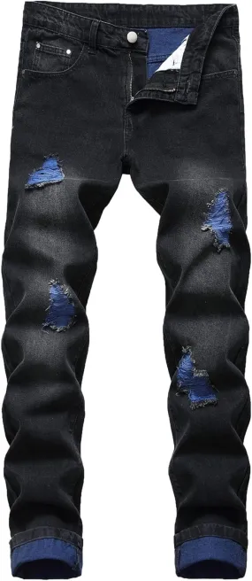 Mens Ripped Skinny Stretch Jeans Vintage Washed Straight Leg Denim Pants Slim Fit Destroyed Jean Trousers