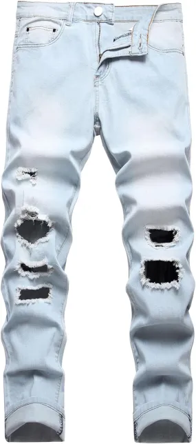 Mens Ripped Skinny Stretch Jeans Vintage Washed Straight Leg Denim Pants Slim Fit Destroyed Jean Trousers
