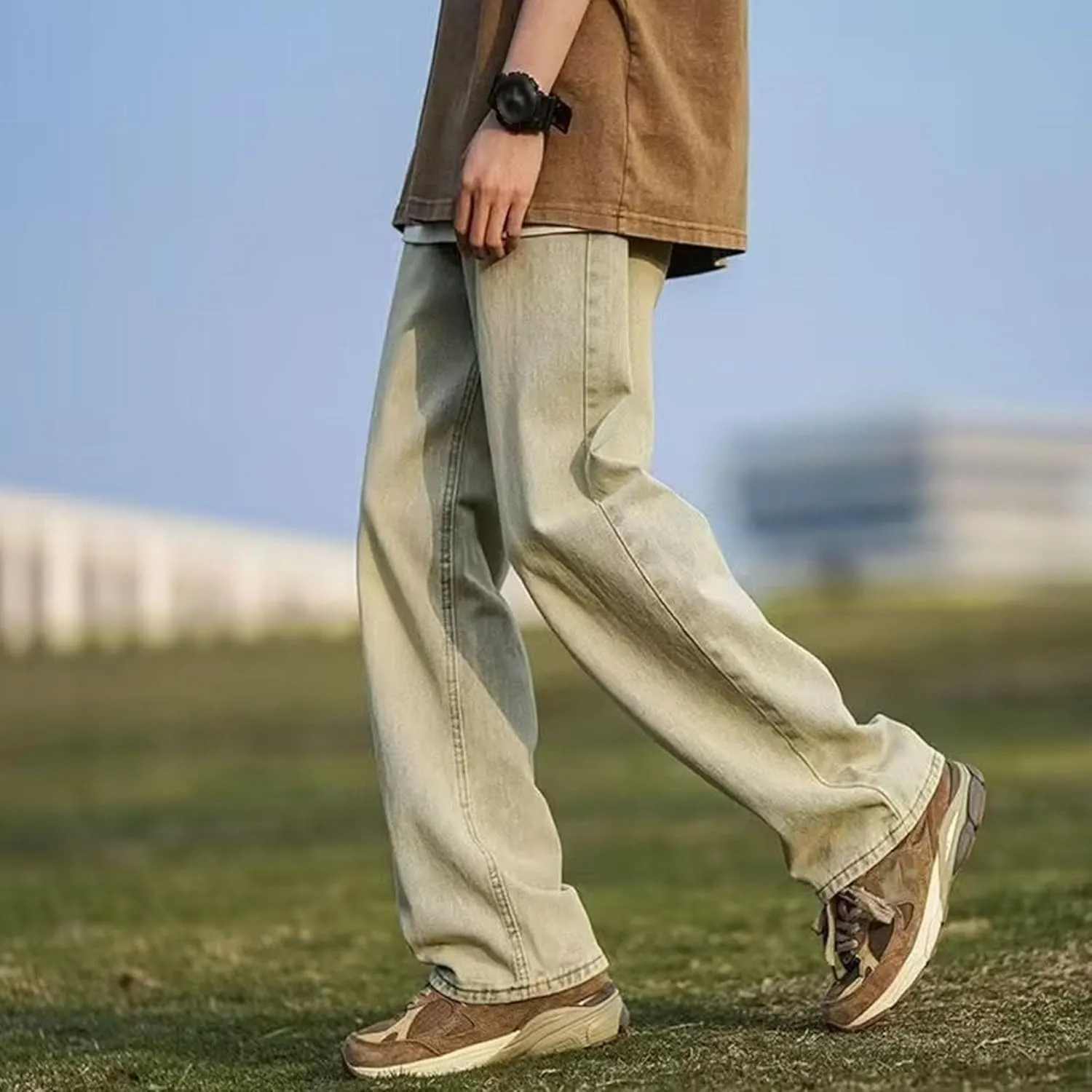 Men's Straight Wide Leg Streetwear Jeans Regular Fit Classic Denim Pants Washed Vintage Jeans Trouser