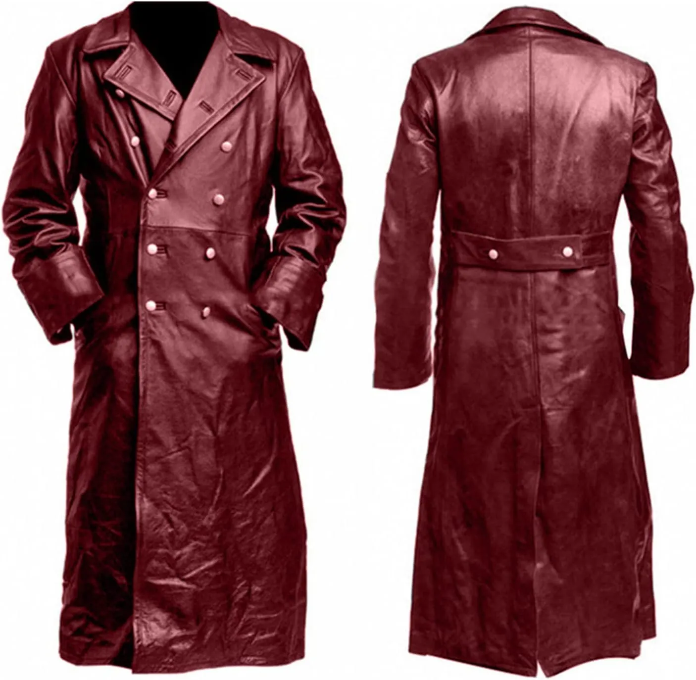 Mens Vintage Black Leather Trench Coat Classic WW2 Officer Military Uniform Coat Long Motorcycle Biker Jacket