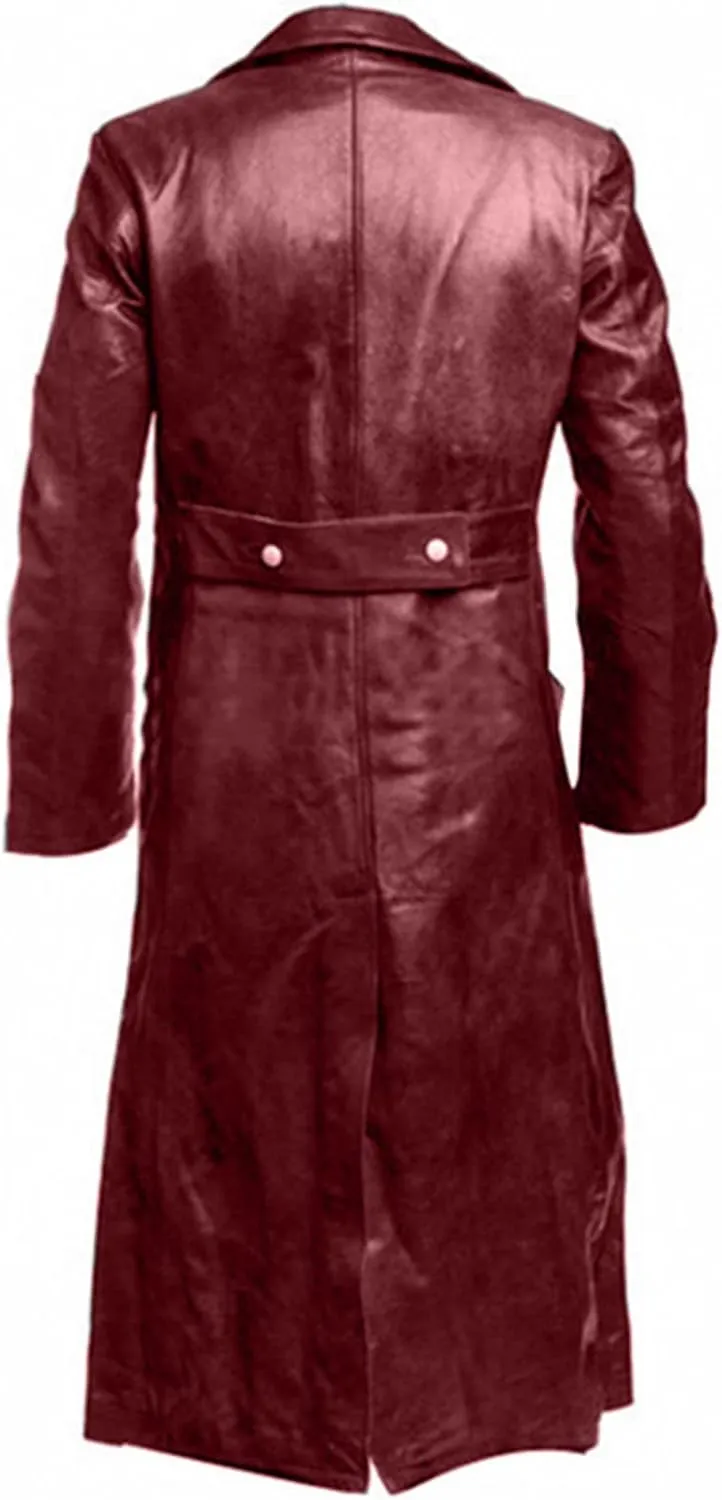 Mens Vintage Black Leather Trench Coat Classic WW2 Officer Military Uniform Coat Long Motorcycle Biker Jacket