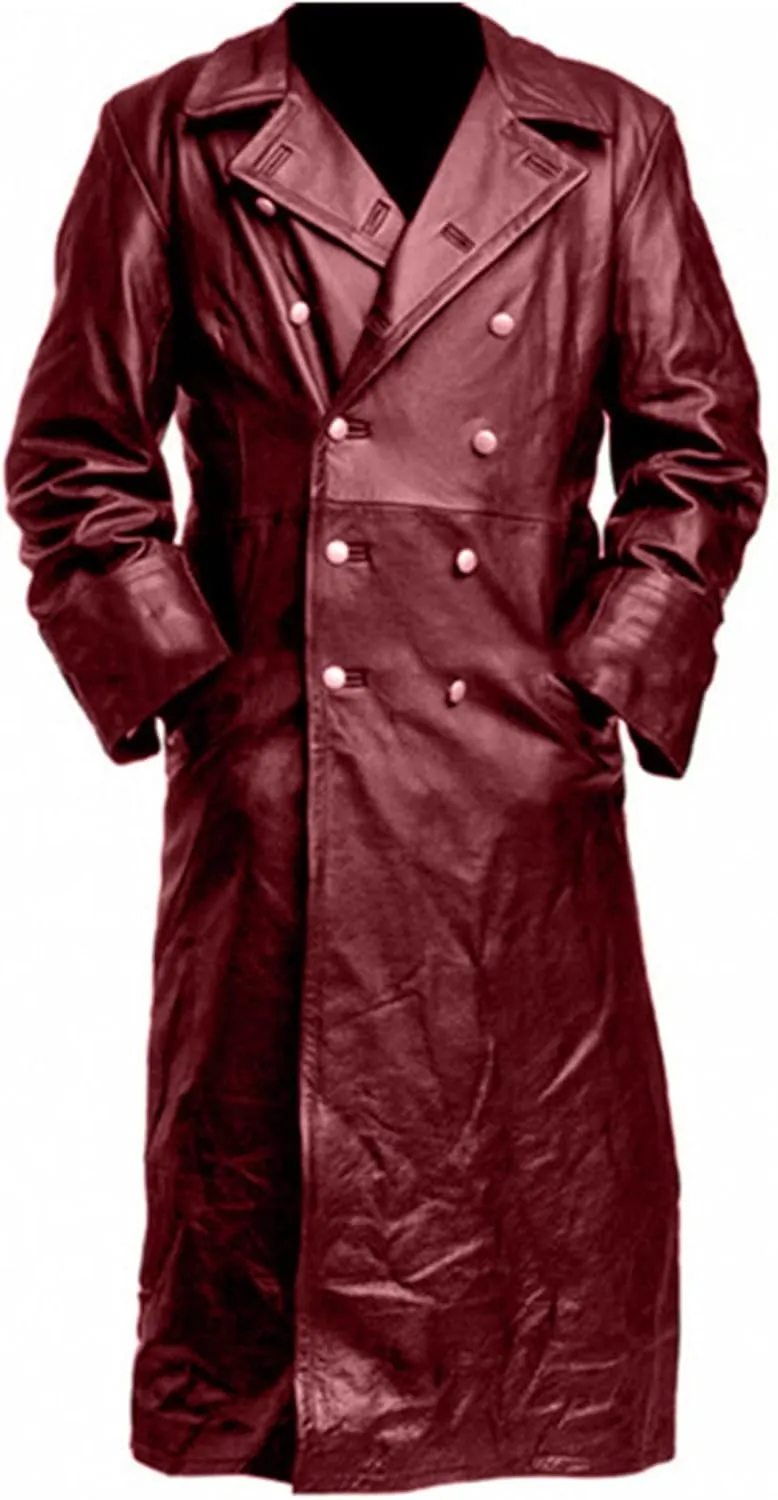 Mens Vintage Black Leather Trench Coat Classic WW2 Officer Military Uniform Coat Long Motorcycle Biker Jacket