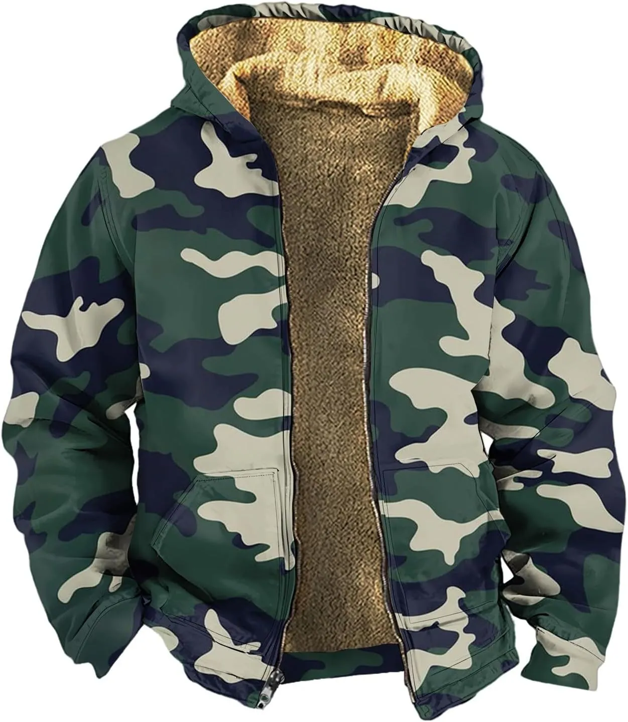 Mens Winter Camo Jacket Thickened Vintage Fashion Casual Padded Graphic Long Sleeve Warm Camo Coats