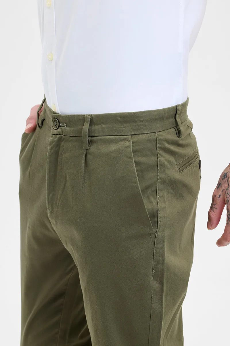 Olive Slim Fit Pleated Trousers