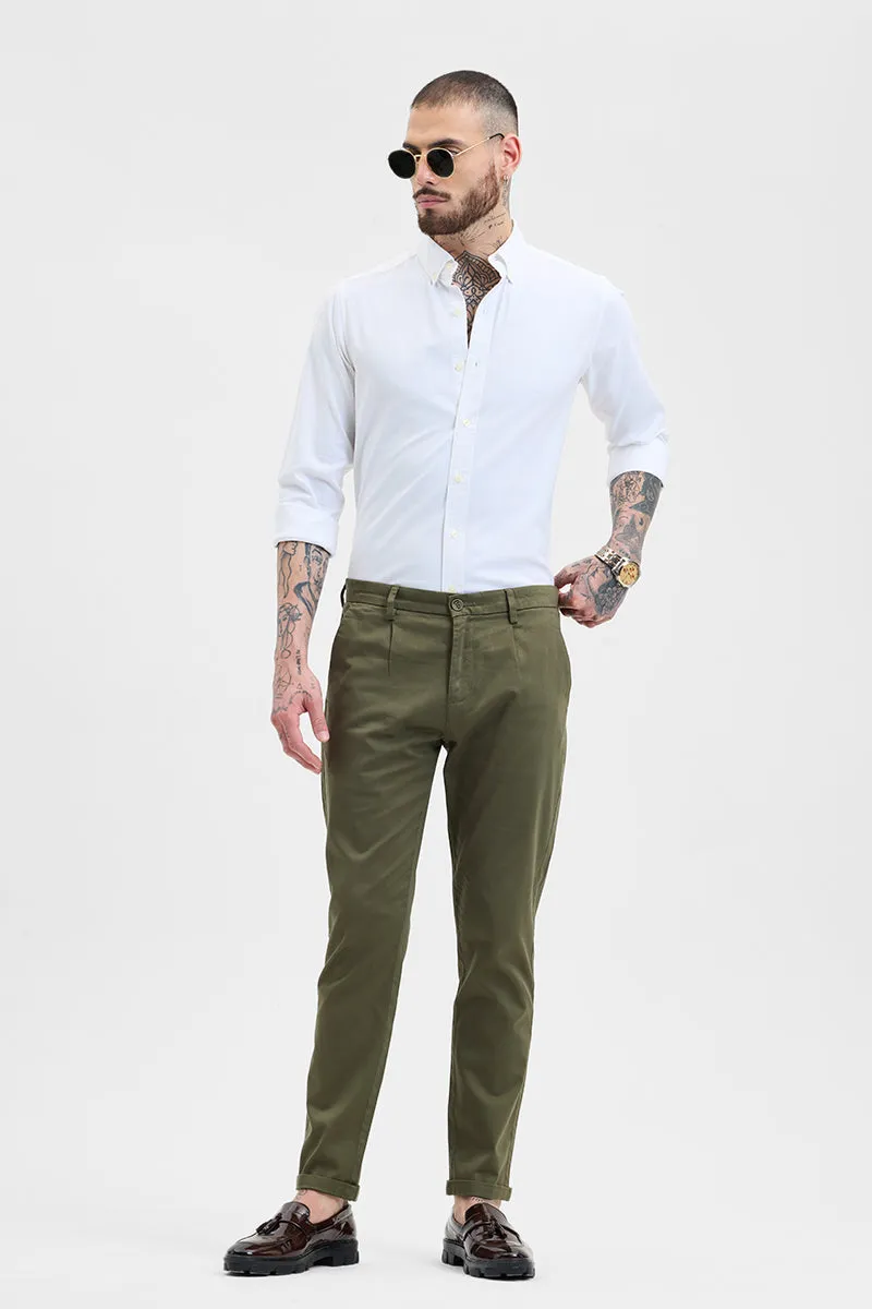Olive Slim Fit Pleated Trousers