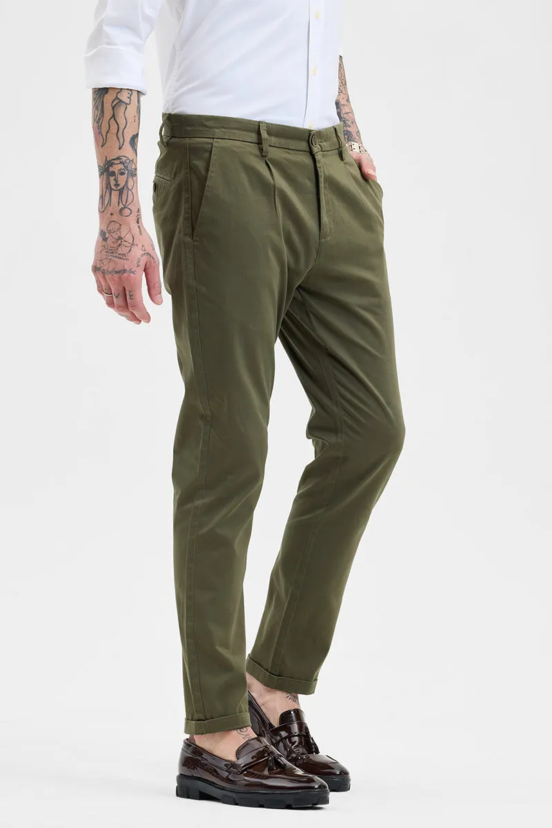 Olive Slim Fit Pleated Trousers