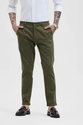 Olive Slim Fit Pleated Trousers