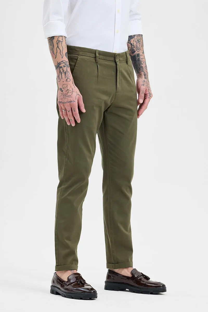 Olive Slim Fit Pleated Trousers