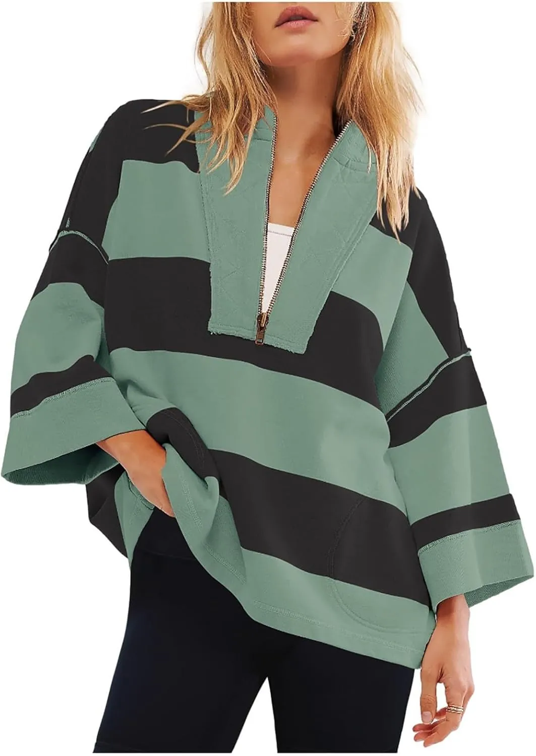 Oversized Half Zip Pullover Women Baggy Drop Shoulder Striped Sweatshirts Trendy Y2K Sweatshirt Fall Outfits w/Pocket