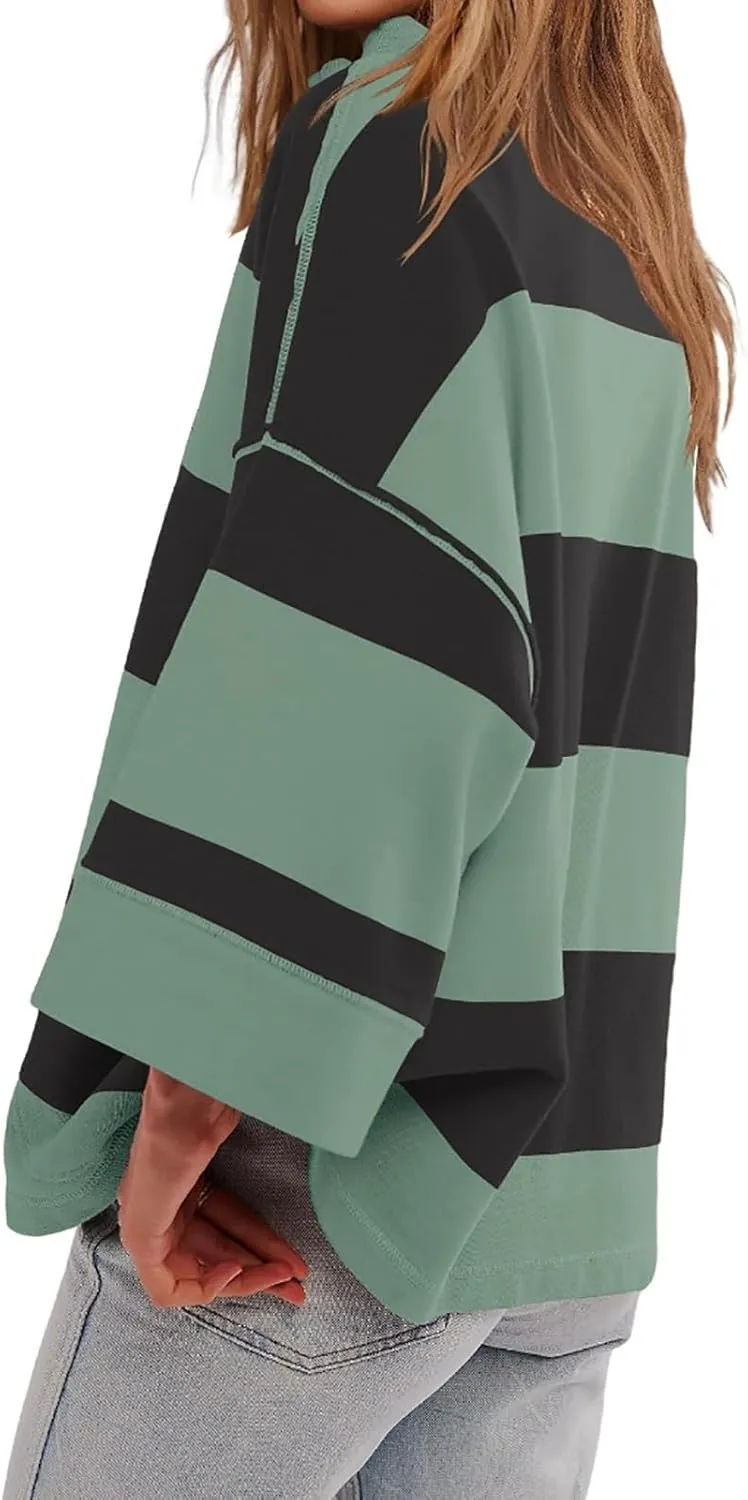 Oversized Half Zip Pullover Women Baggy Drop Shoulder Striped Sweatshirts Trendy Y2K Sweatshirt Fall Outfits w/Pocket
