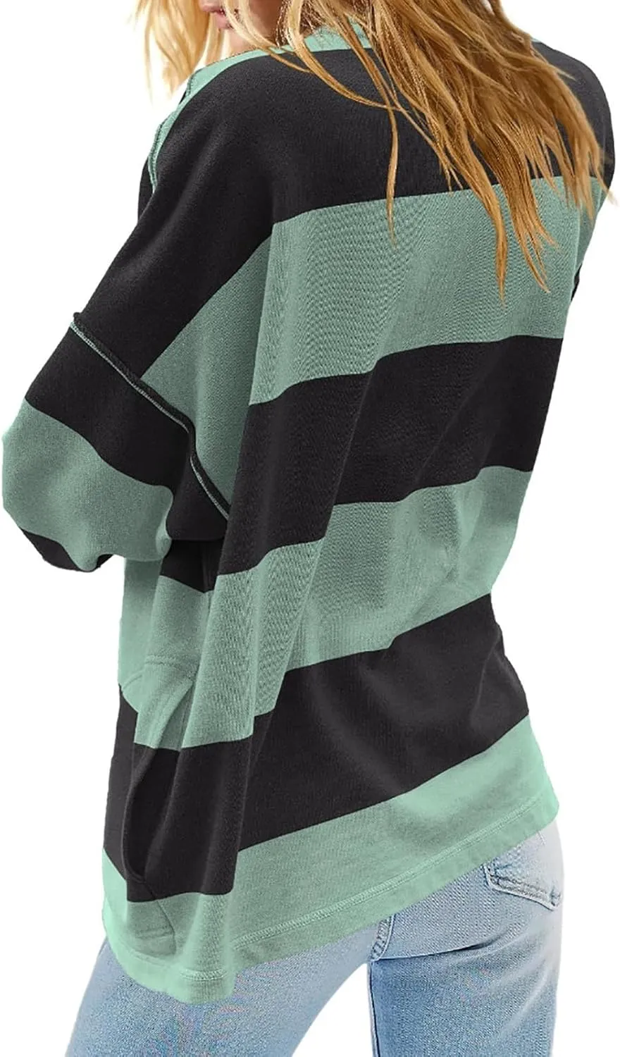 Oversized Half Zip Pullover Women Baggy Drop Shoulder Striped Sweatshirts Trendy Y2K Sweatshirt Fall Outfits w/Pocket
