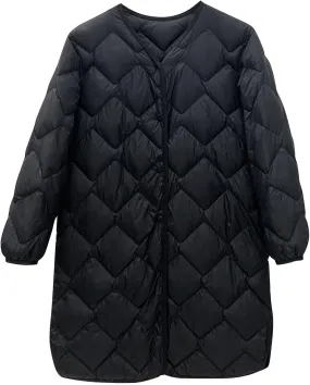 Plus Size Women Long Quilted Coat Collarless Long Sleeve Puffer Jacket Padded Down Winter Warm Loose Fit Outerwear