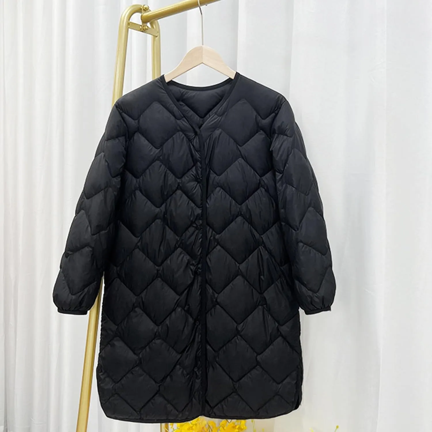 Plus Size Women Long Quilted Coat Collarless Long Sleeve Puffer Jacket Padded Down Winter Warm Loose Fit Outerwear