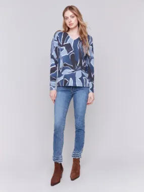 Printed Plush Knit V-Neck Sweater