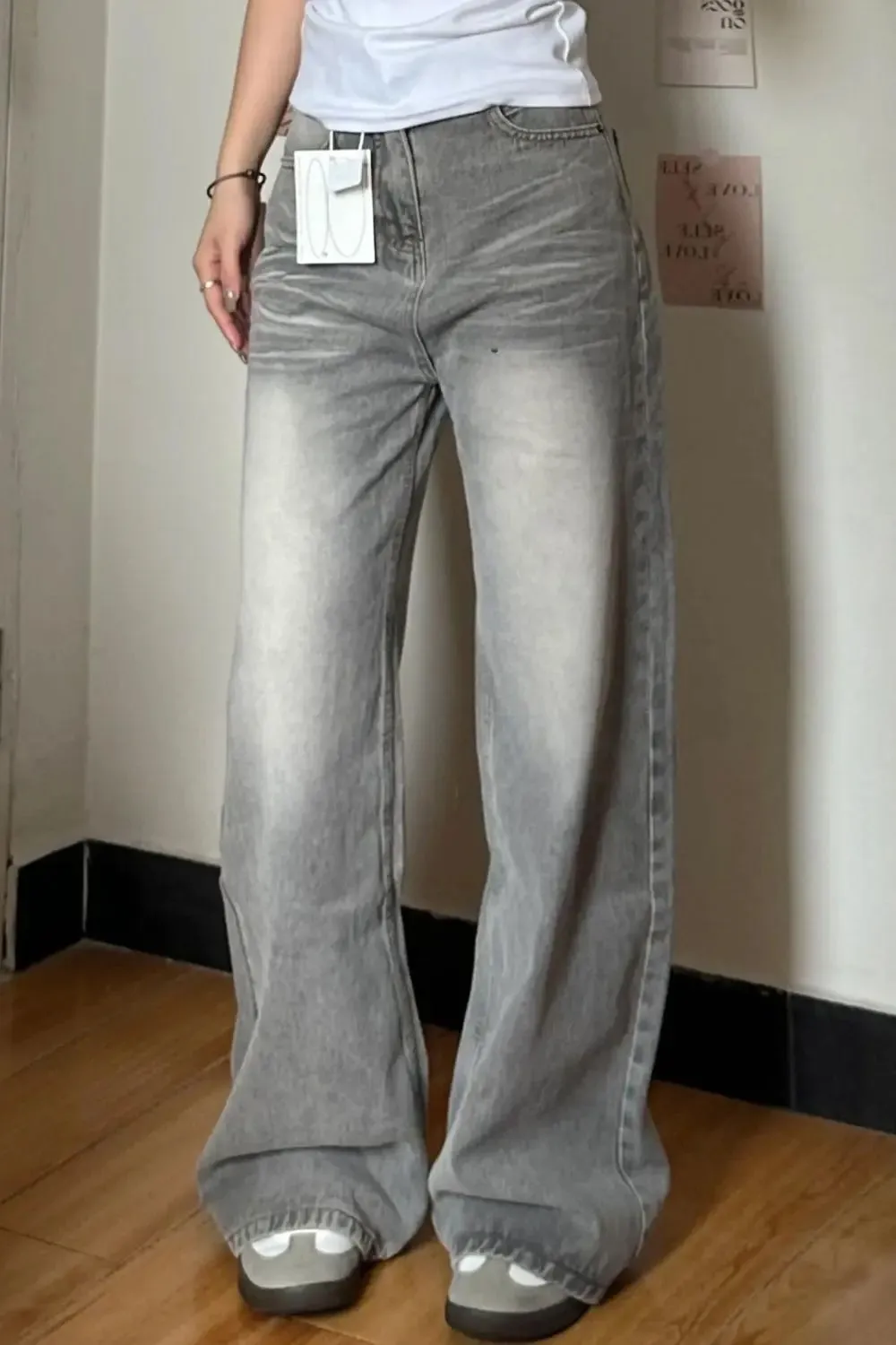 Retro Grey Washed Long Jeans Pants