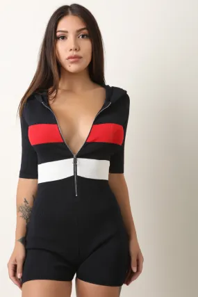 Ribbed Knit Striped Zip-Up Hooded Romper