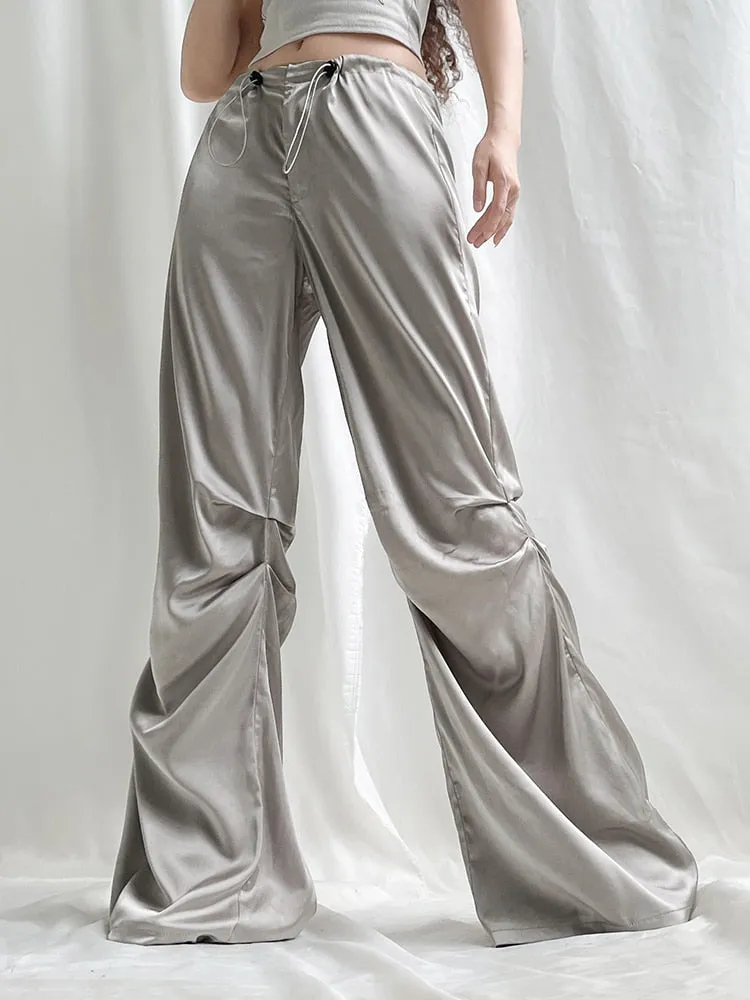 Satin Wide Leg Women's Pants Baggy Drawstring Jogging Sweatpants 2023 Summer