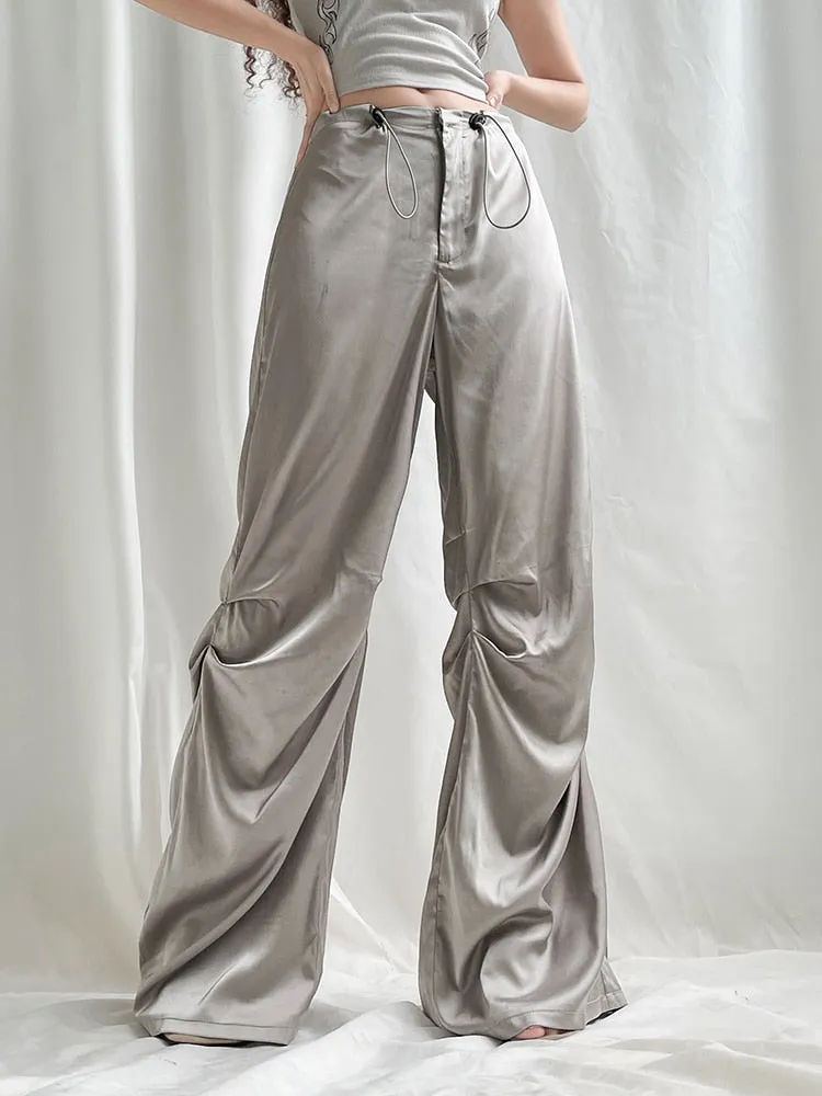 Satin Wide Leg Women's Pants Baggy Drawstring Jogging Sweatpants 2023 Summer