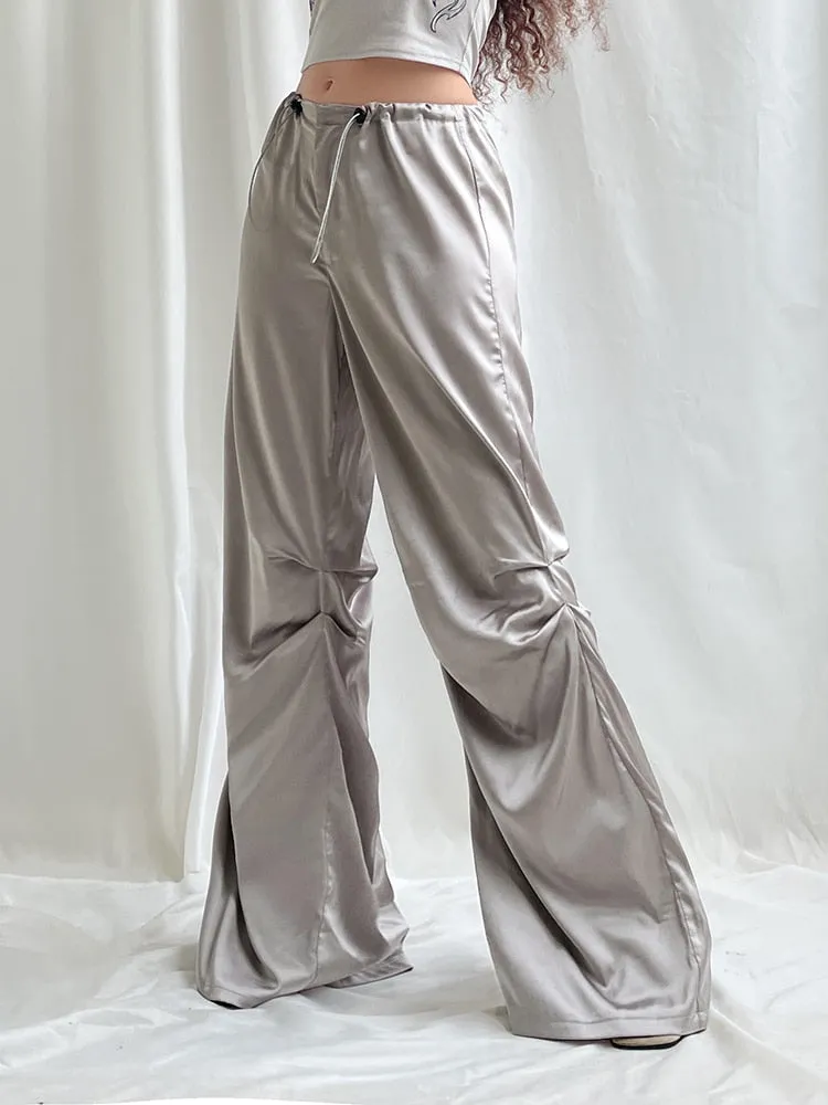 Satin Wide Leg Women's Pants Baggy Drawstring Jogging Sweatpants 2023 Summer