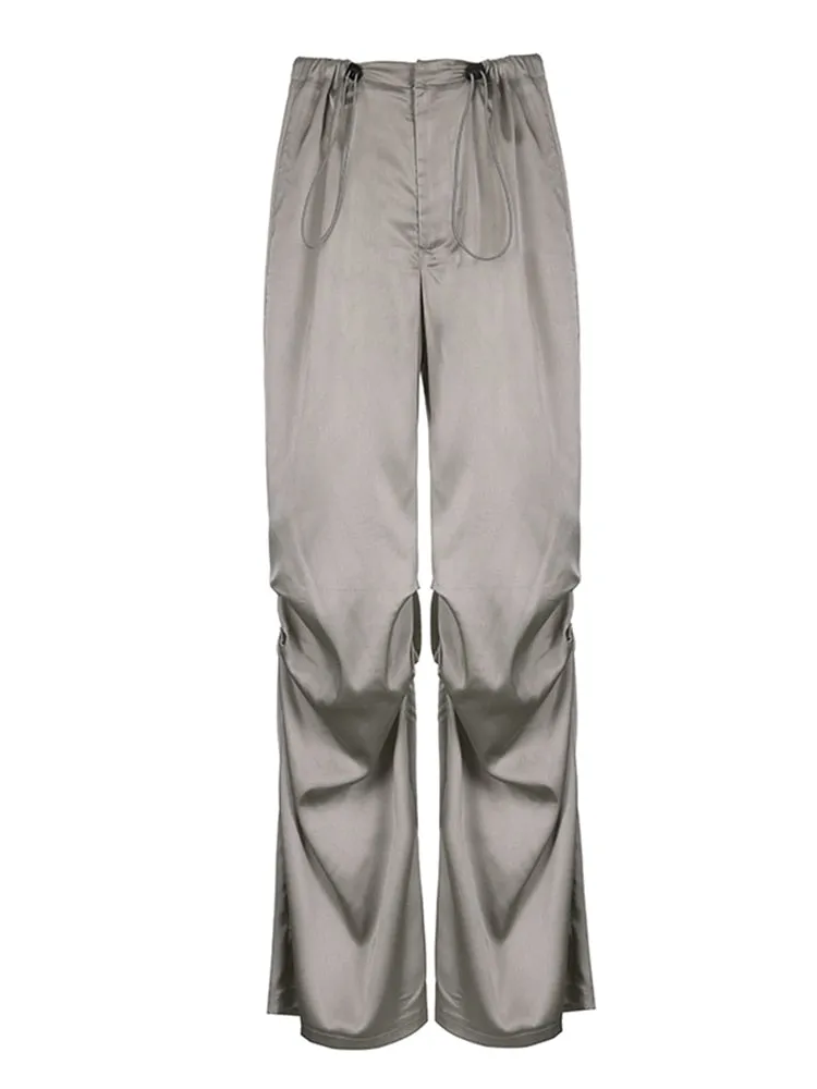Satin Wide Leg Women's Pants Baggy Drawstring Jogging Sweatpants 2023 Summer