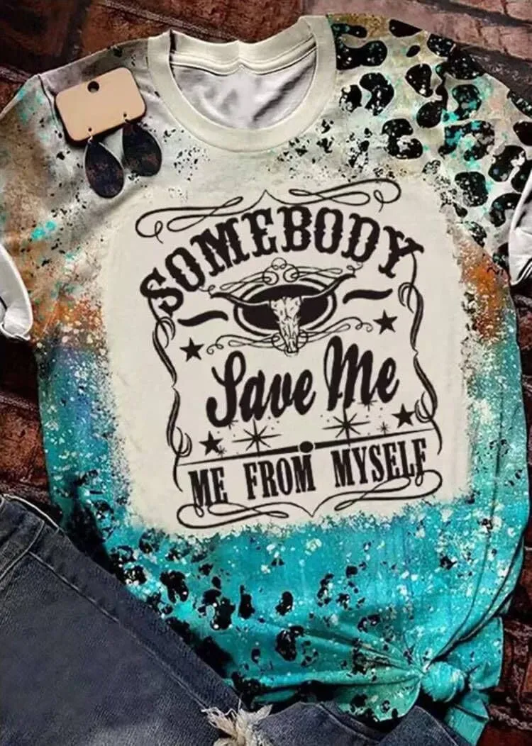 Somebody Save Me Steer Skull Bleached T-Shirt Women Vintage Country Music Graphic Tees Leopard Print Casual T Shirt