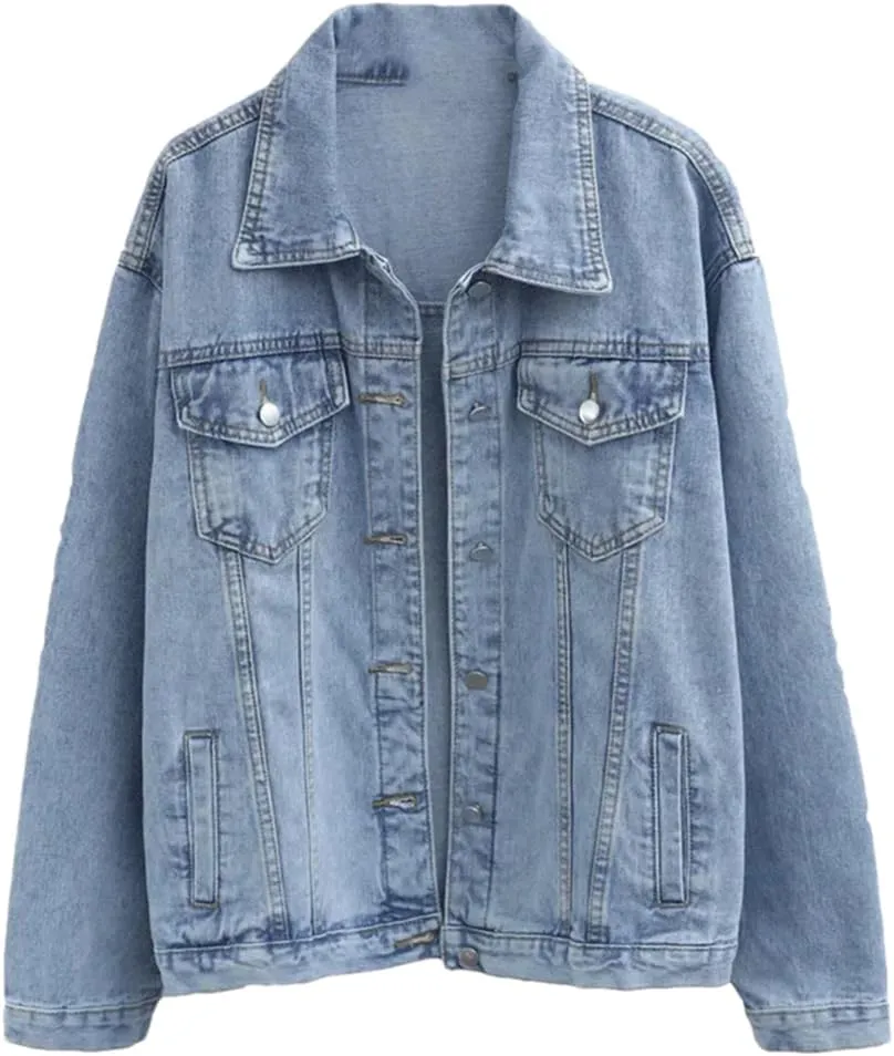 Women COTTON Denim Jacket Oversize Blue Turn-Down Washed Jeans Coat