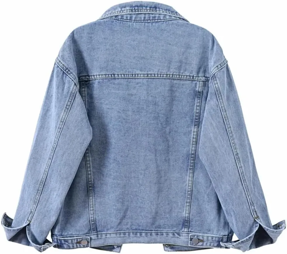 Women COTTON Denim Jacket Oversize Blue Turn-Down Washed Jeans Coat