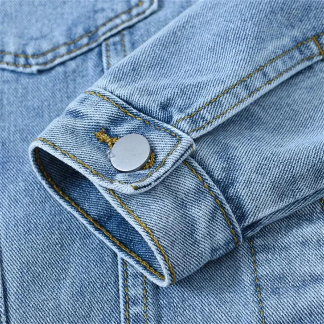 Women COTTON Denim Jacket Oversize Blue Turn-Down Washed Jeans Coat