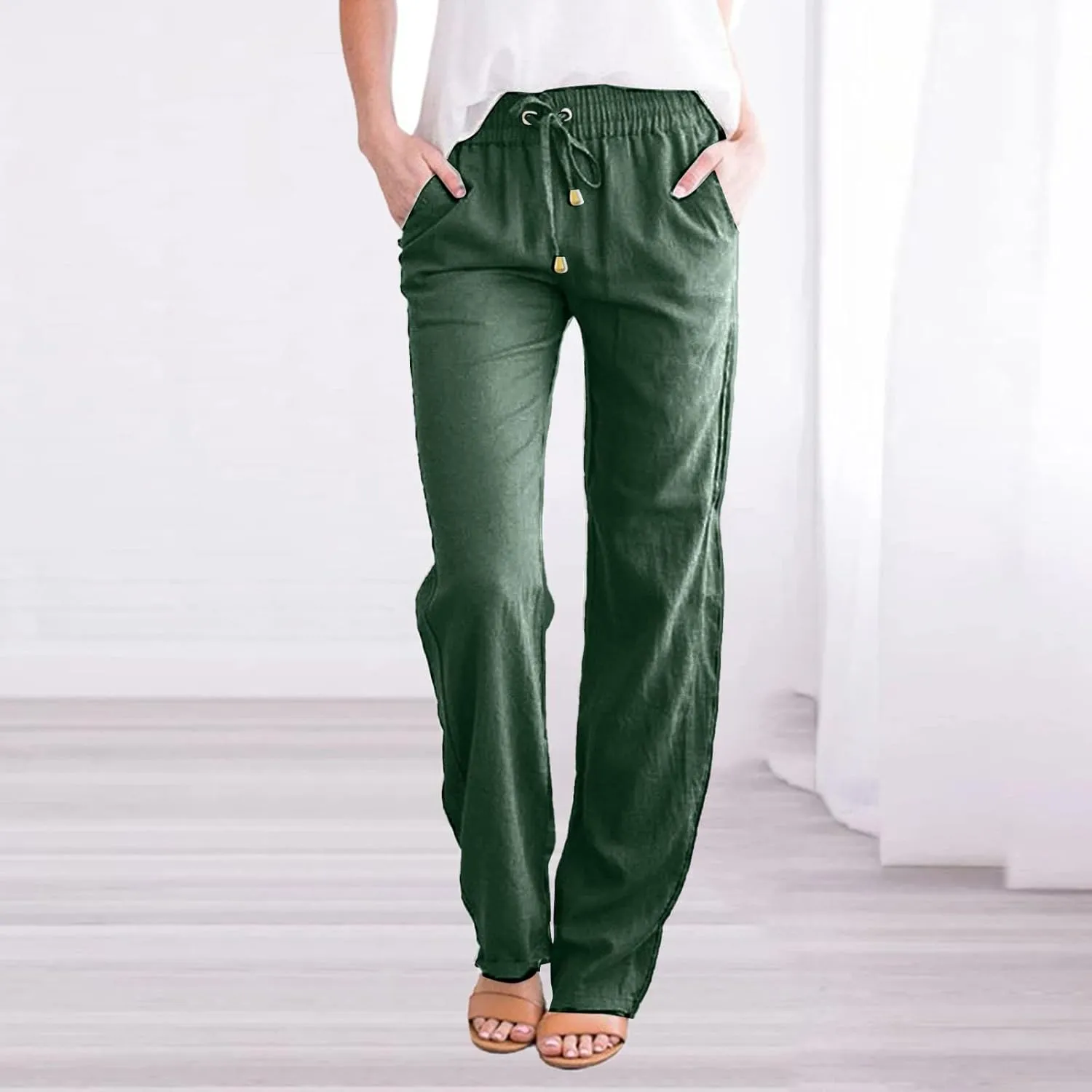 Women Cotton Linen Summer Drawstring Pant Trousers Elastic Waisted Baggy Stretchy Slim-Fit Palazzo Pants Trendy