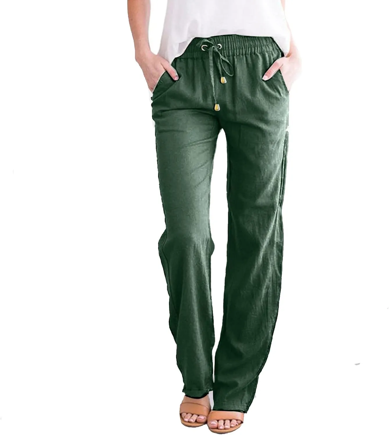 Women Cotton Linen Summer Drawstring Pant Trousers Elastic Waisted Baggy Stretchy Slim-Fit Palazzo Pants Trendy